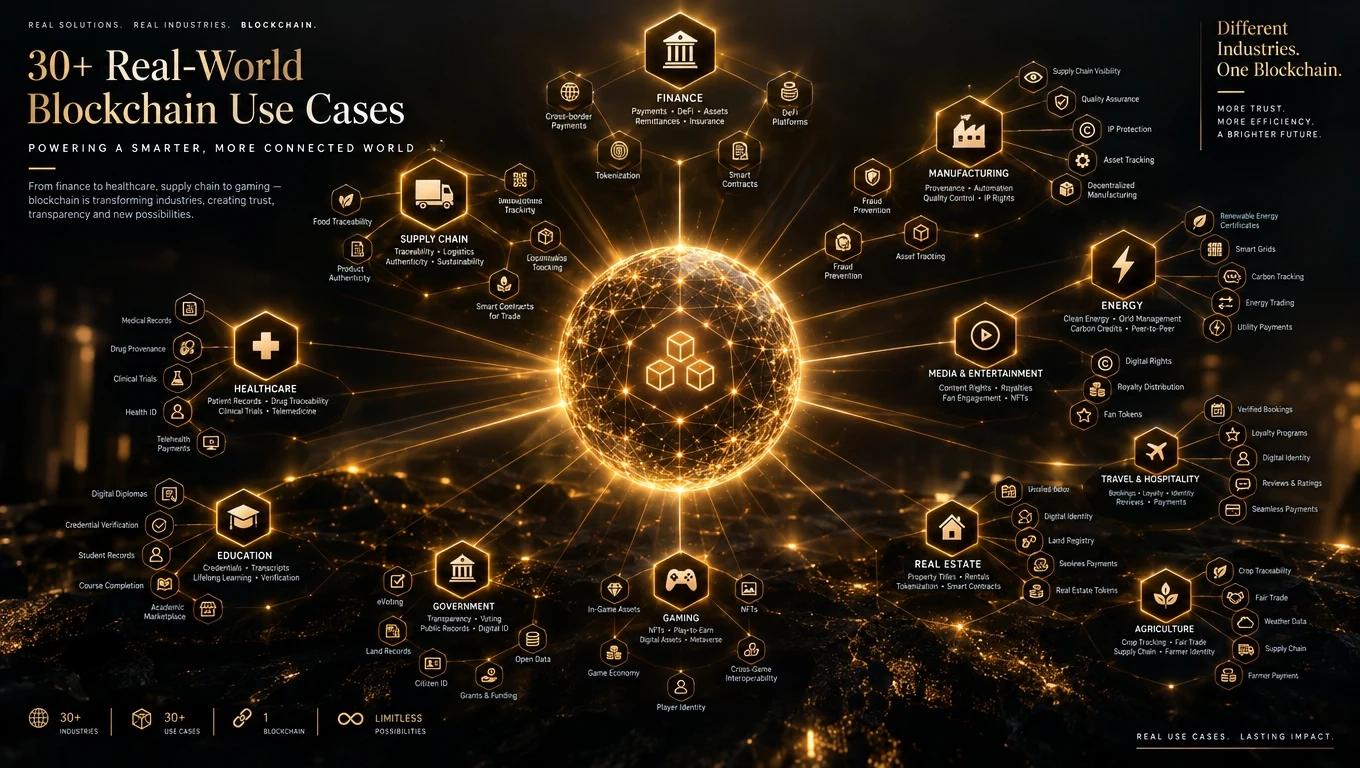 Collage of thirty industry icons connected through a glowing blockchain network proving real-world adoption