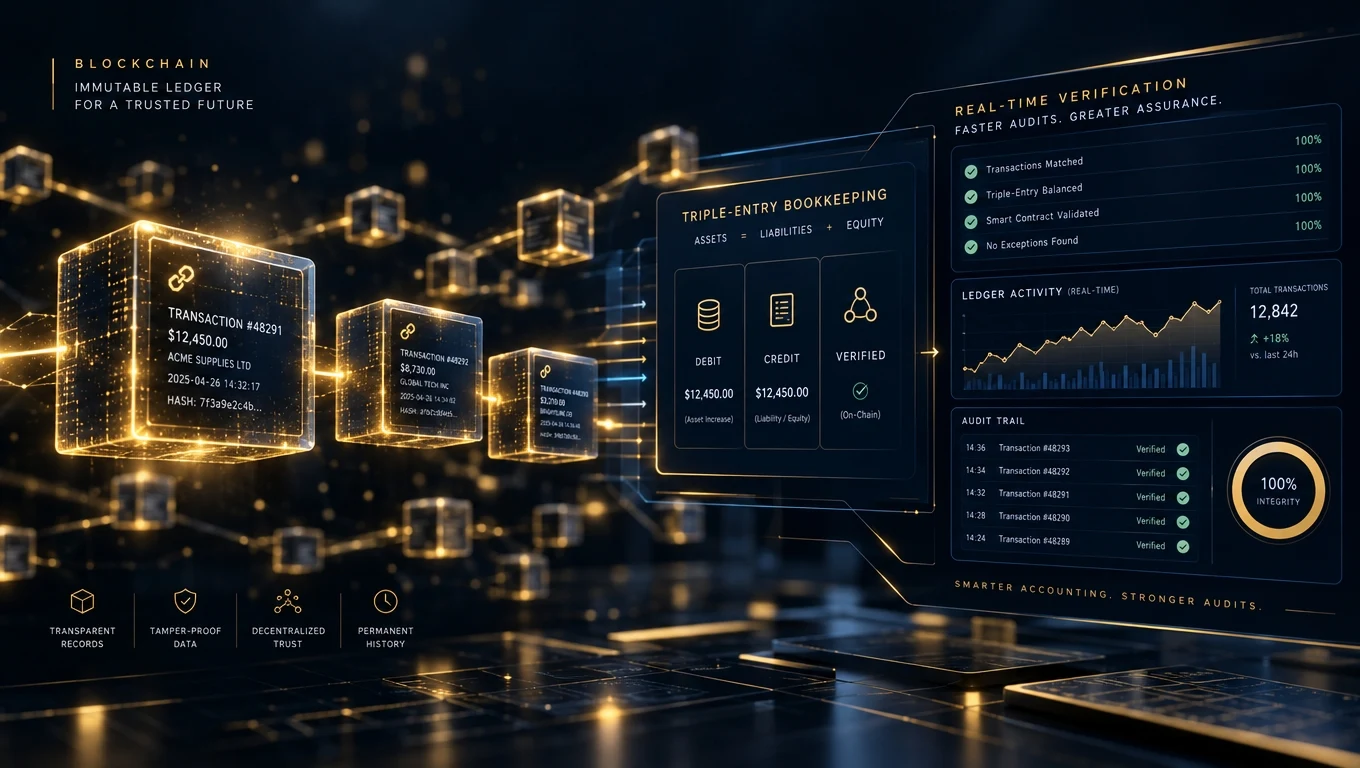 Accounting ledger merging with a blockchain audit trail showing real-time verified transactions
