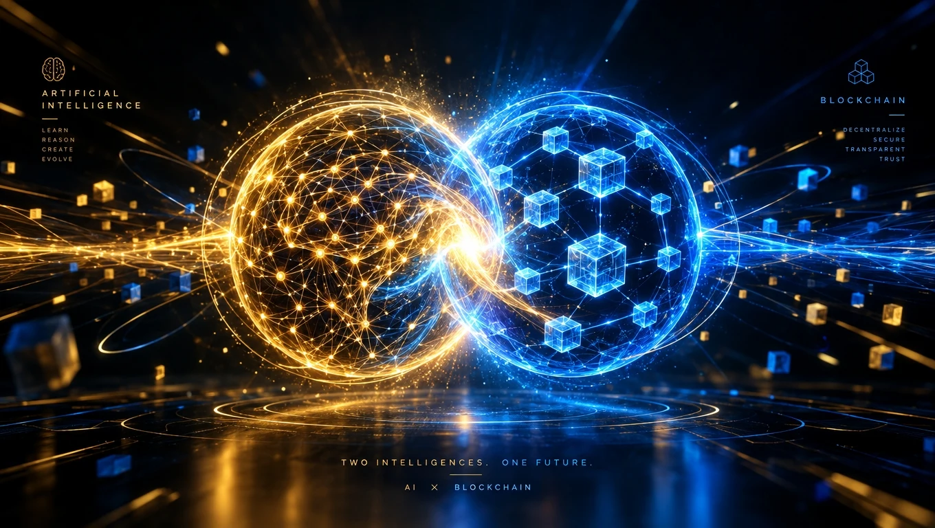 AI neural network merging with a blockchain ledger symbolizing convergent decentralized intelligence