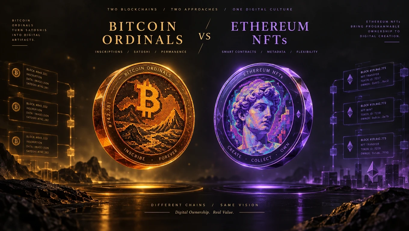 Разделено дигитално платно, съпоставящо Bitcoin Ordinals надписи с Ethereum NFT токени