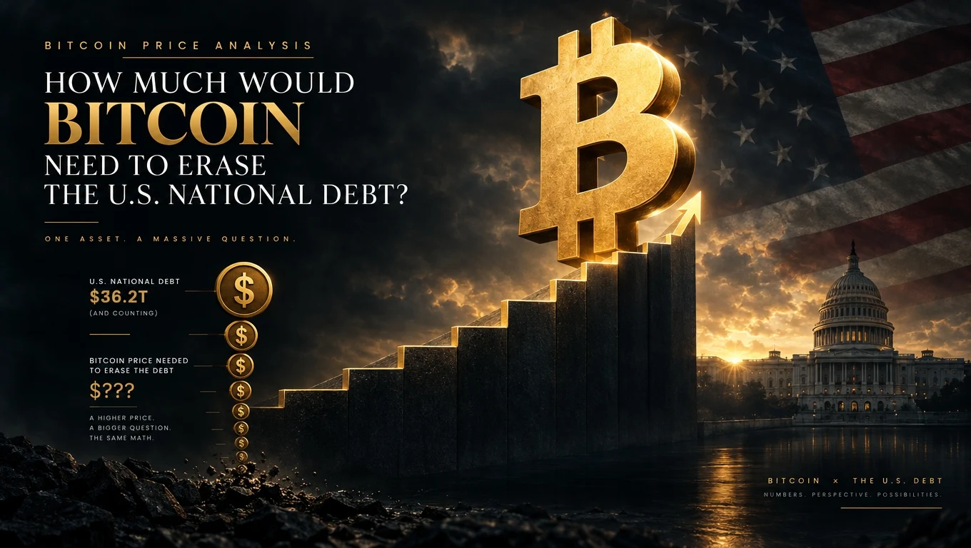 Лого на Bitcoin, насложено върху сградата на Министерството на финансите на САЩ, с растяща ценова графика, символизираща покритието на националния дълг