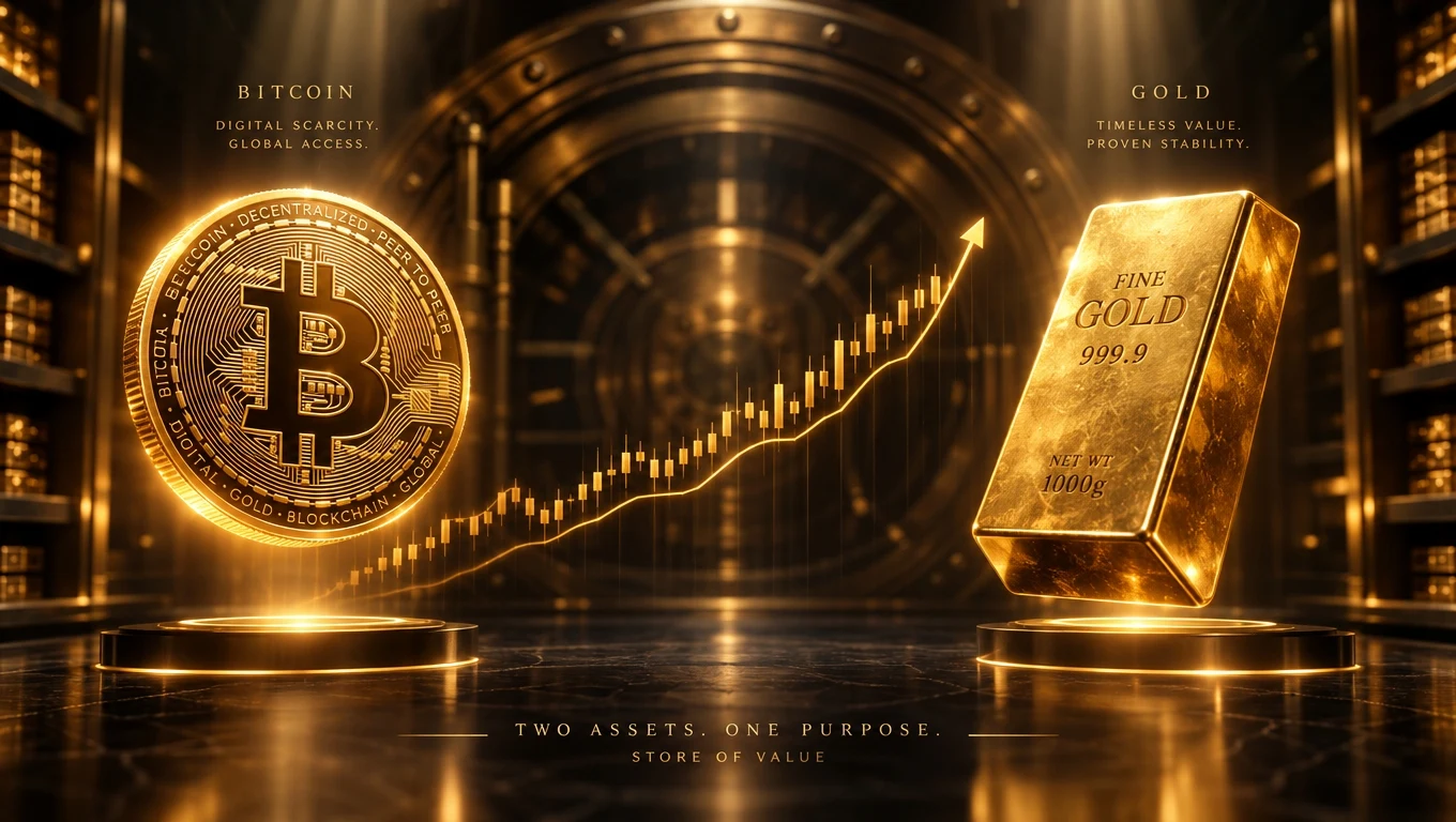 Split comparison of a gold bar and a Bitcoin coin above a balance scale representing store of value