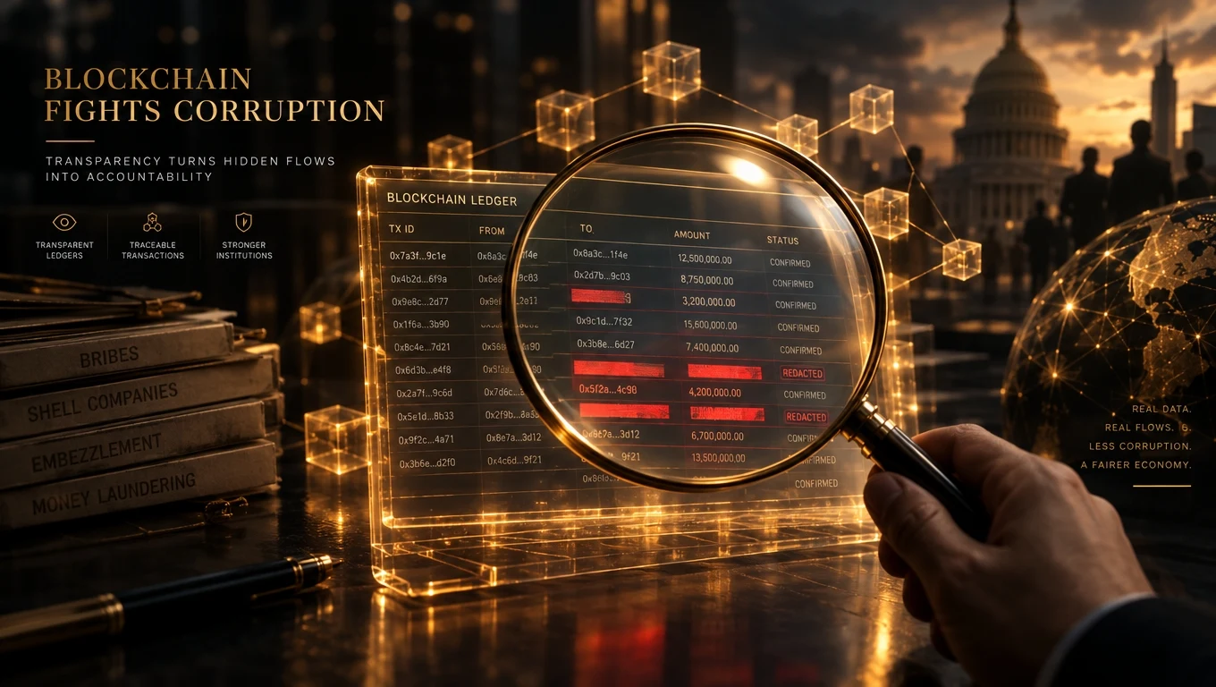 Government building with a glowing public ledger window exposing verified transactions to fight corruption