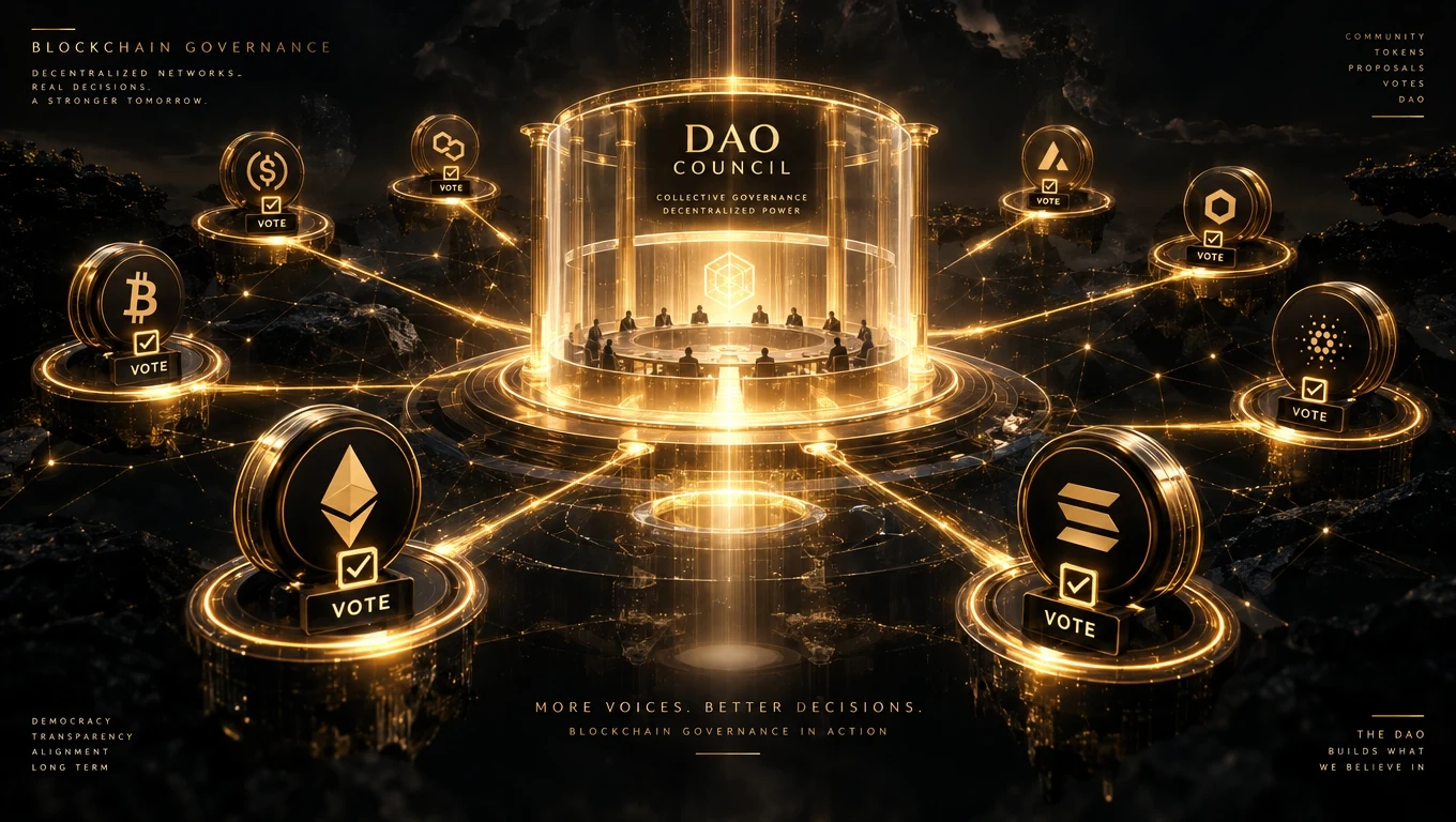 Decentralized governance voting interface with proposal cards and blockchain tokens