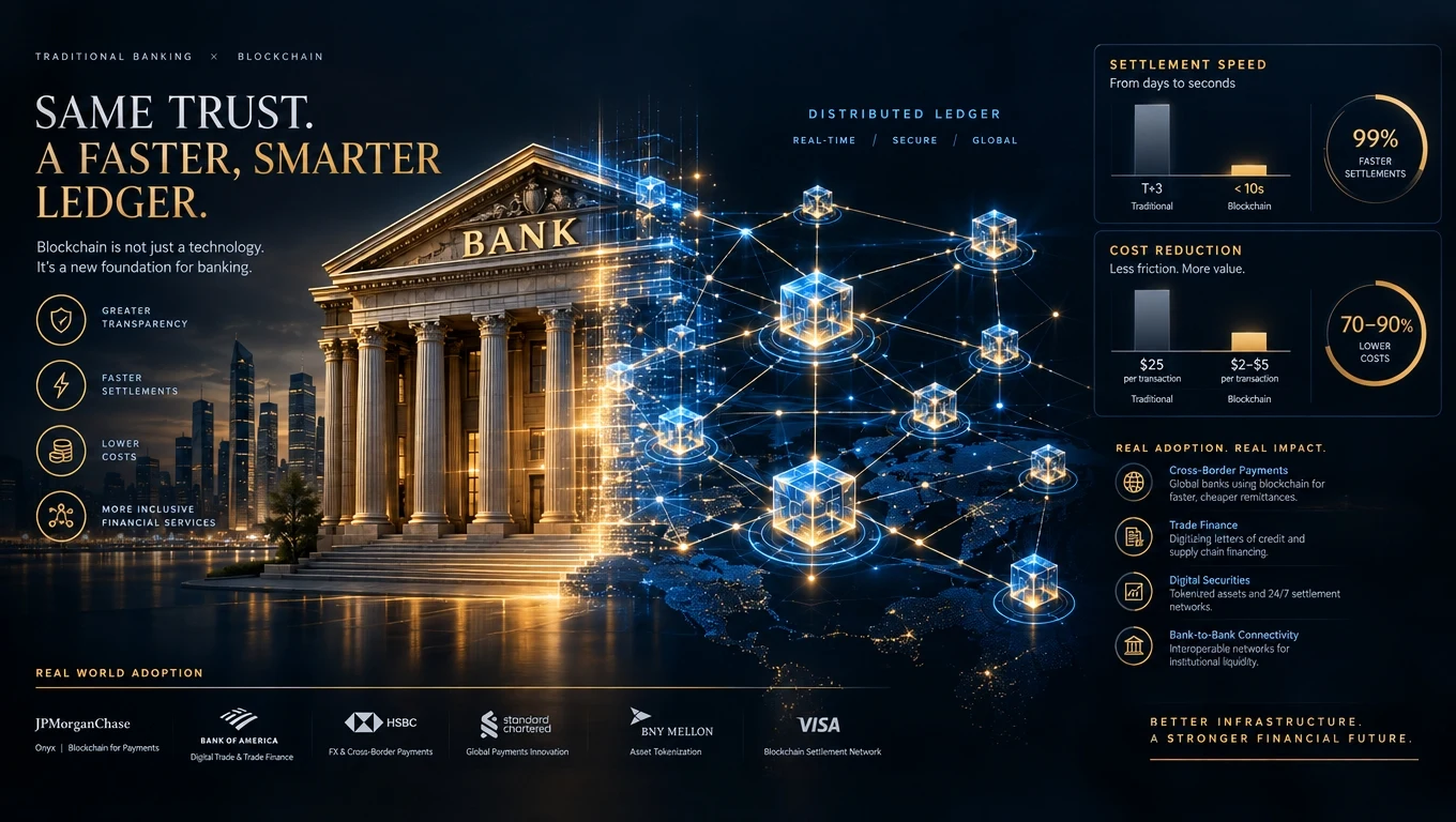 Bank building with a digital settlement dashboard and blockchain network representing institutional adoption