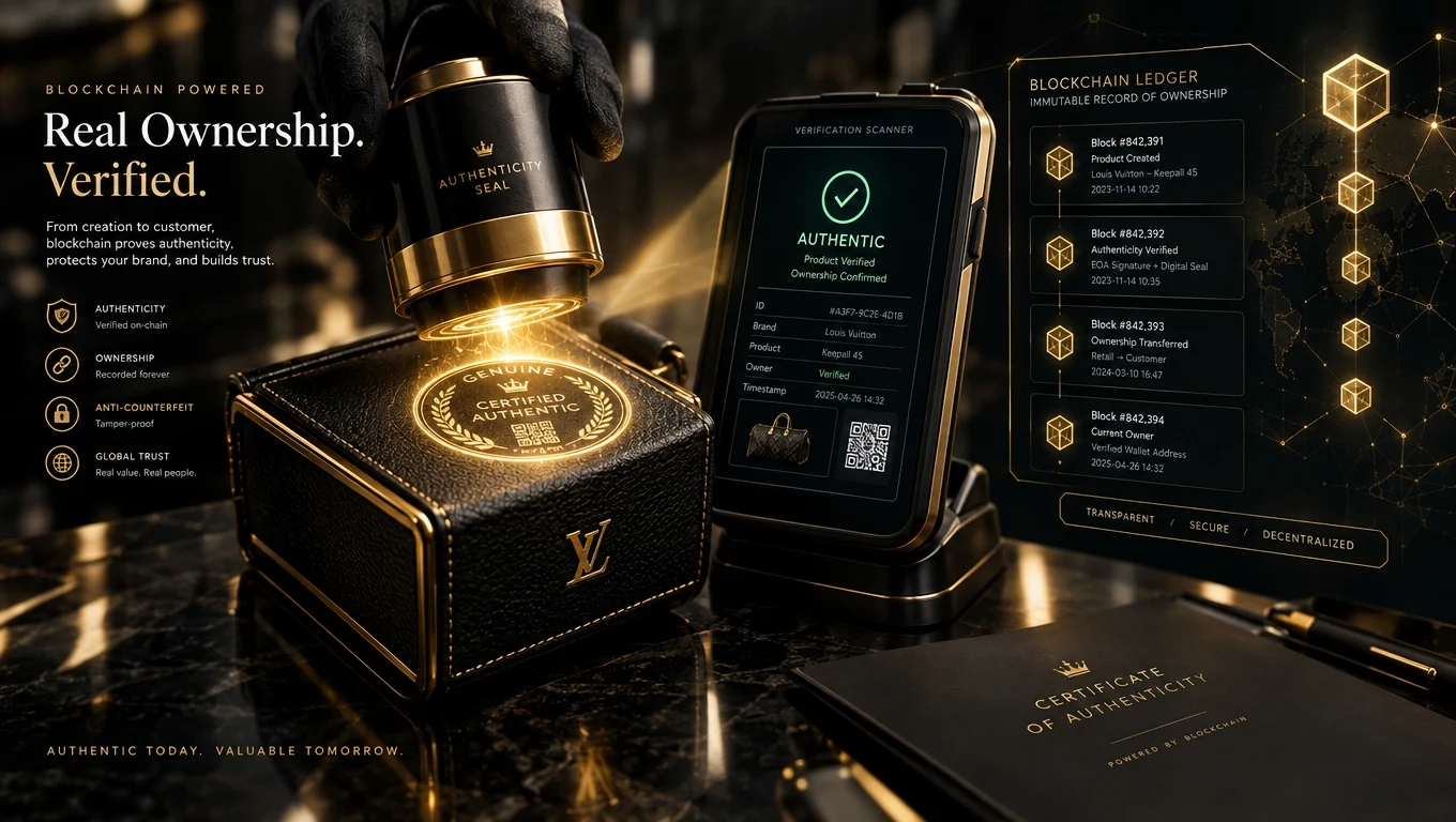 Product authenticity chain with a glowing blockchain seal binding a physical luxury item to its digital ownership record