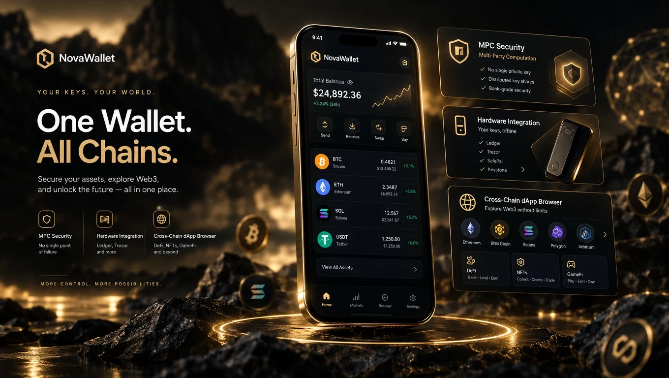 Смартфон, показващ интерфейс на блокчейн портфейл с подчертани функции за сигурност и поддръжка на множество вериги