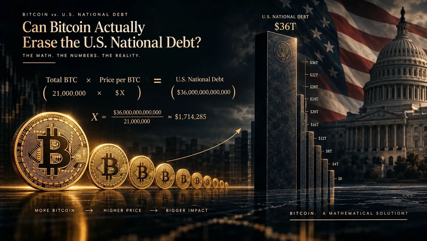 Rising Bitcoin price chart towering toward a massive debt total with the US Capitol dome in the background