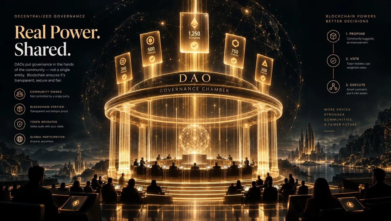 Интерфейс за гласуване в DAO с блокчейн токени за управление и карти с предложения