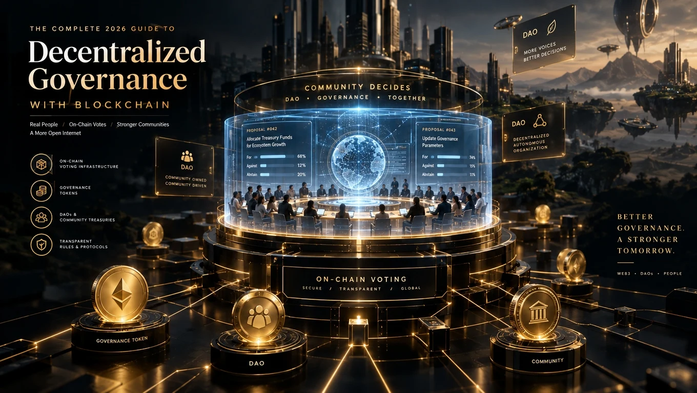 DAO governance dashboard with proposal cards, on-chain voting interface, and governance tokens representing decentralized decisions