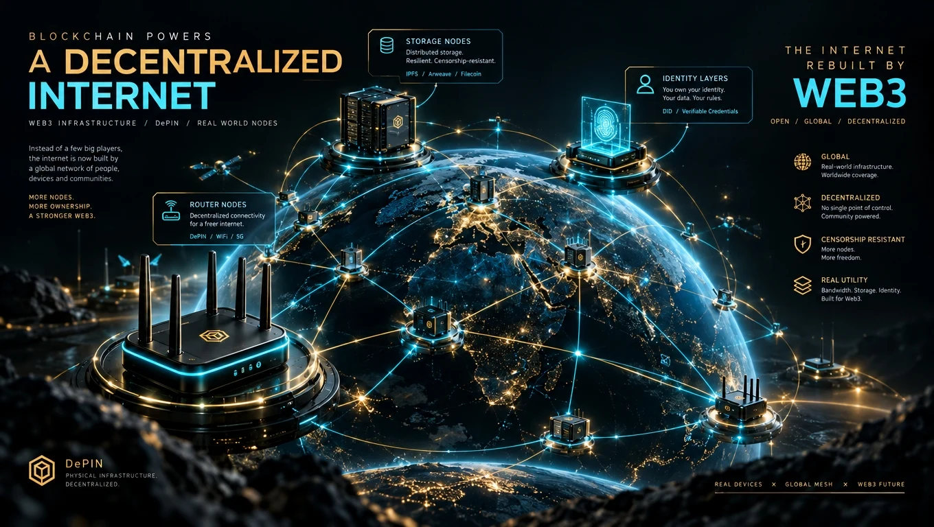 Decentralized Web3 network with glowing nodes replacing centralized servers across storage, identity, and compute