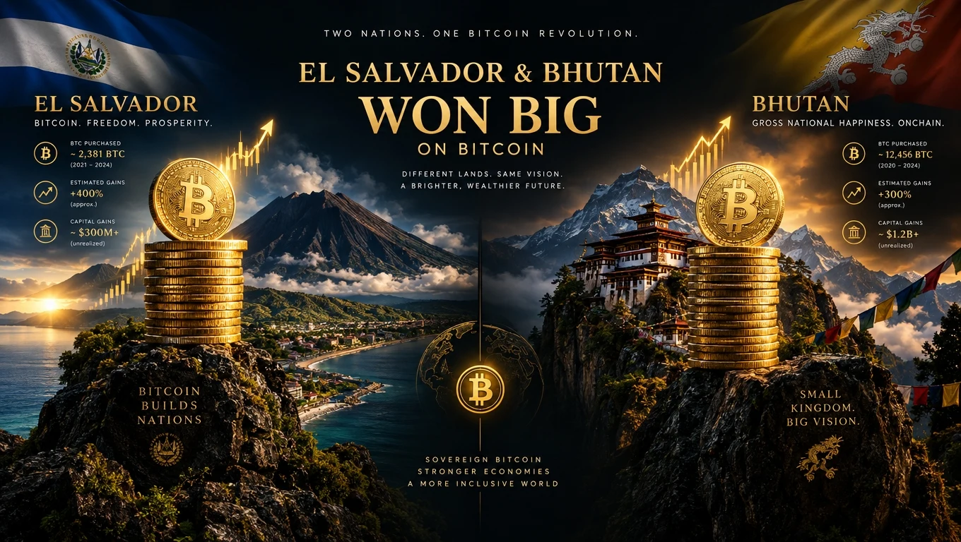 Two small national flags rising above growing Bitcoin reserve bars representing sovereign adoption and treasury gains