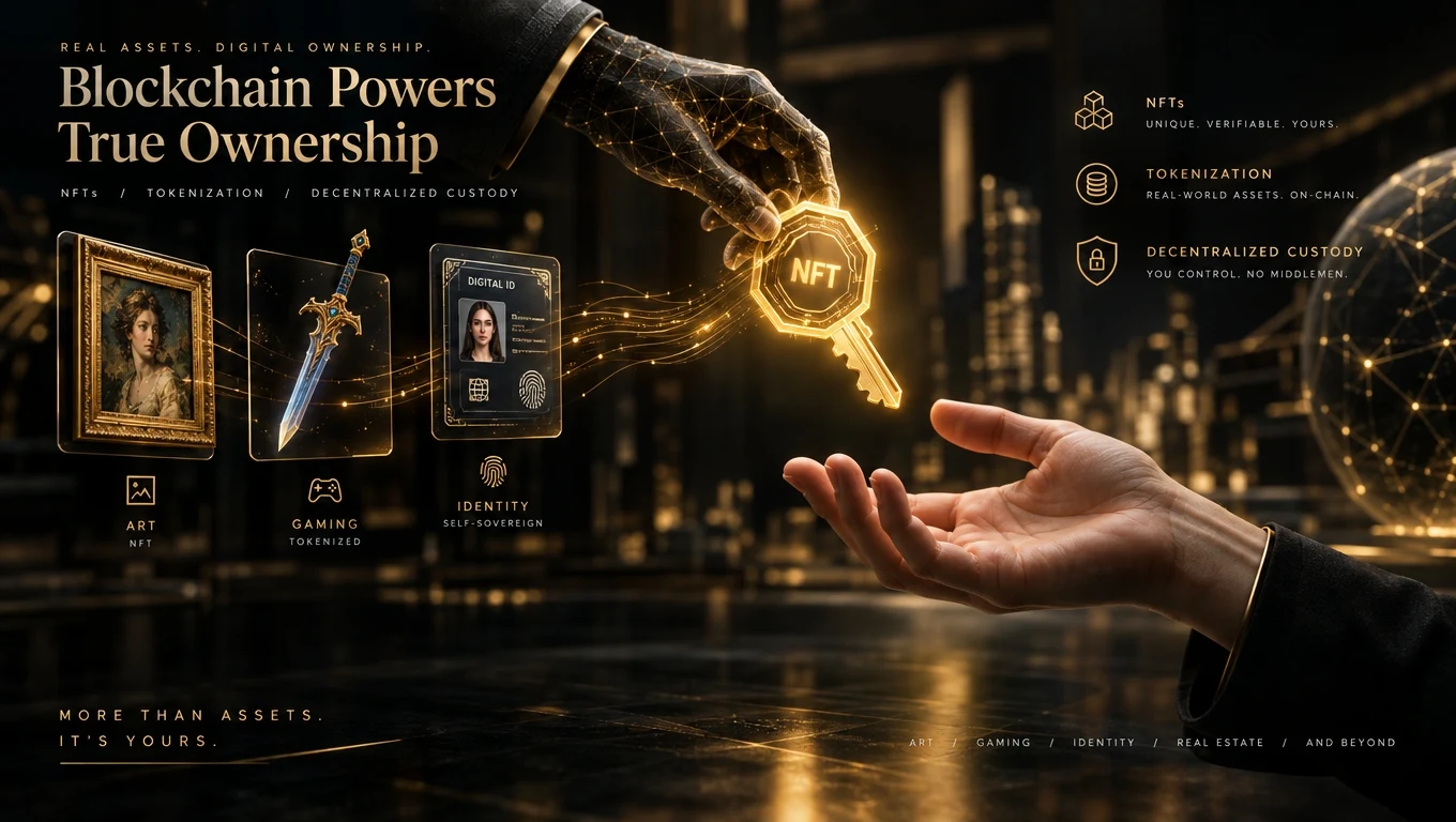 Digital assets including NFTs and tokens connected through a glowing blockchain network over an ownership contract