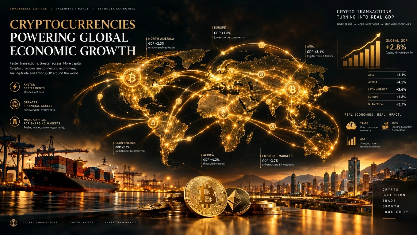 Rising economic growth chart with a blockchain network layer and currency symbols representing crypto-driven expansion