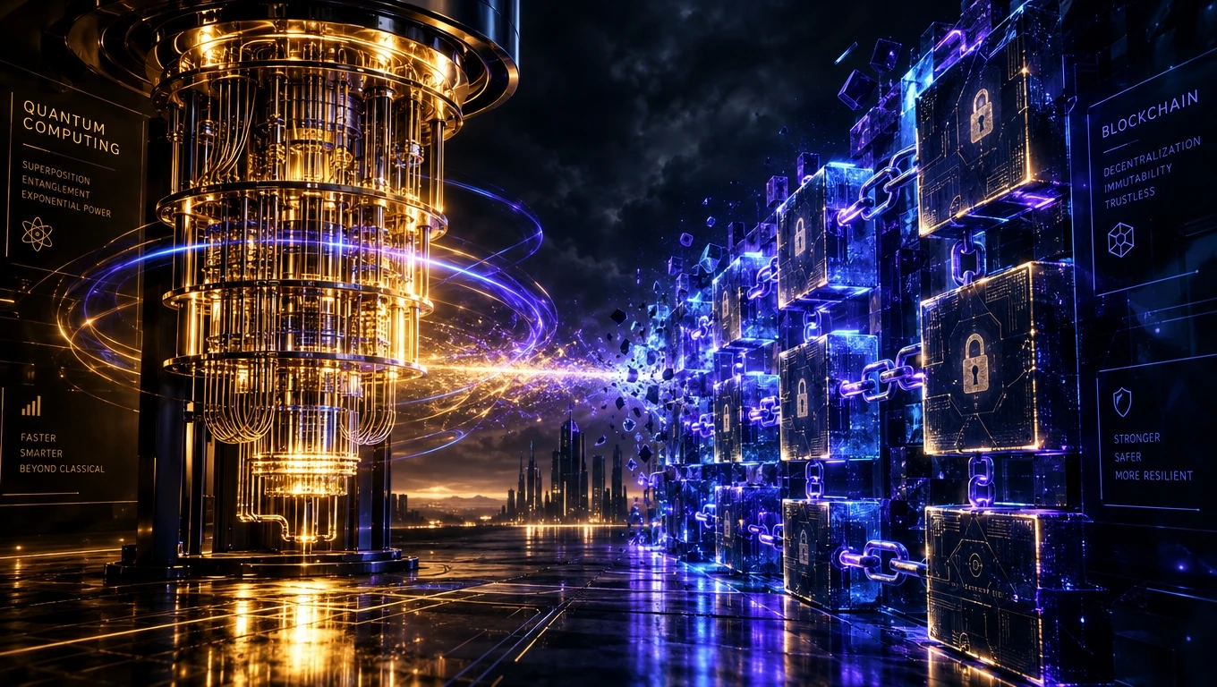 Quantum computer beside a blockchain network with a post-quantum cryptographic shield visualization