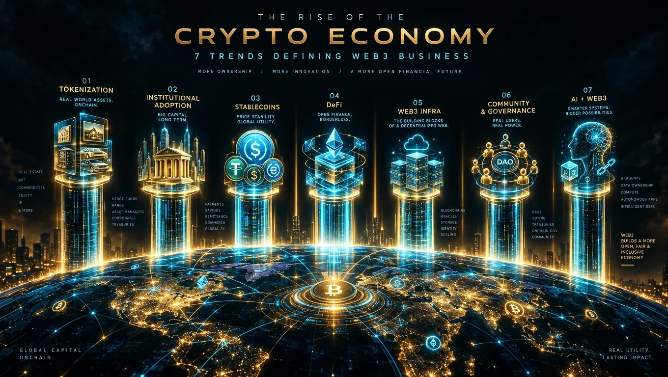 Seven glowing trend cards rising above a blockchain economy network with stablecoins and tokenized assets