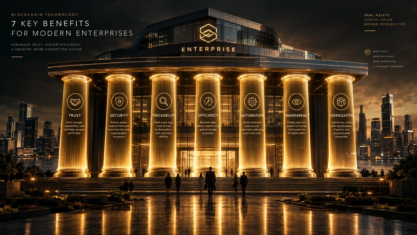 Enterprise dashboard with seven blockchain benefit pillars connected by a distributed ledger network
